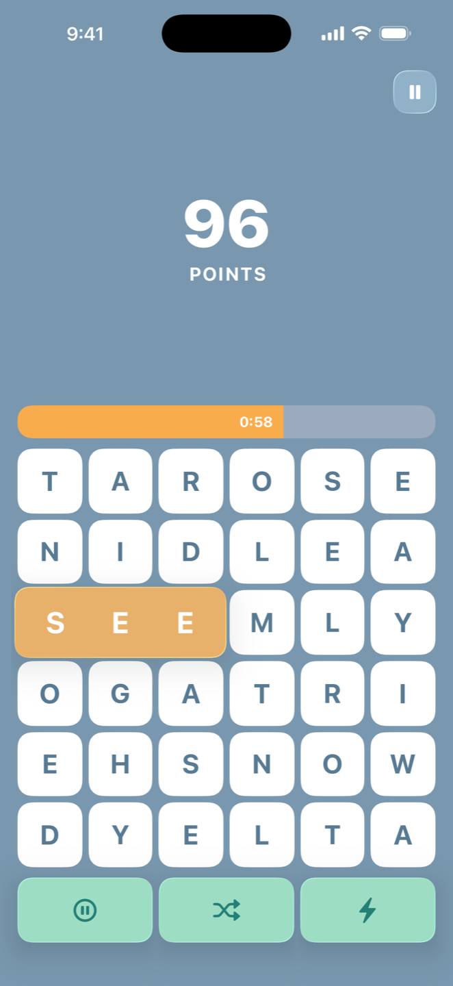 SeeWord gameplay: the word SEE traced and highlighted across the board